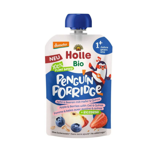 HOLLE Bio Penguin ovocné pyré jablko, borůvka, jahody, oves, quinoa 110g (1r+)