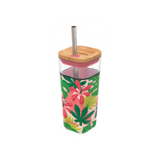 Skleněný cestovní hrnek s brčkem Liquid Cube Pink Jungle Flora 540 ml