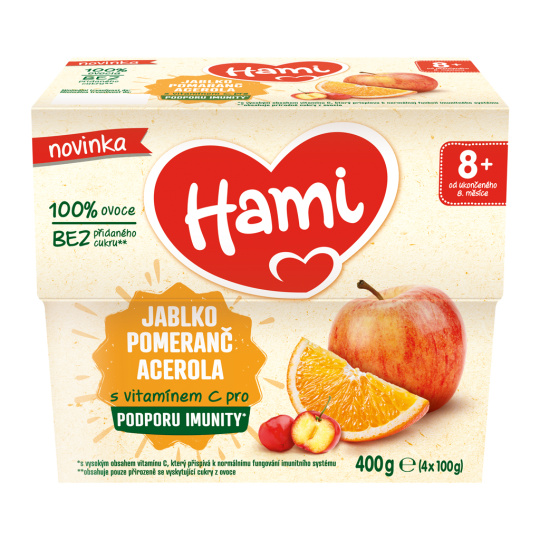 HAMI Příkrm ovocný 100% ovoce jablko pomeranč acerola 400g, 8+