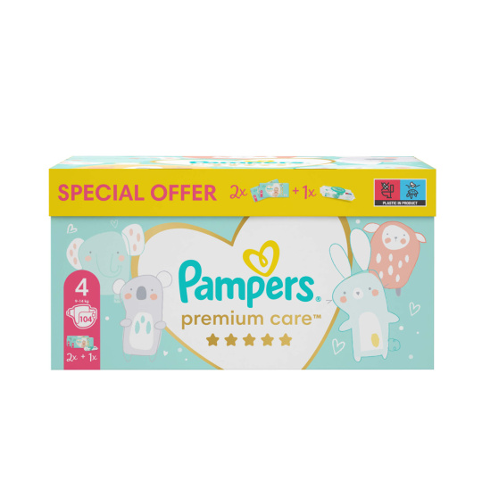 PAMPERS Box dárkový - Jednorázové pleny Premium Care 4 (9-14 kg), 104 ks + ubrousky ZDARMA