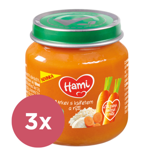 3x HAMI Příkrm masozeleninový Mrkev s kuřetem a rýží 125g, 6+