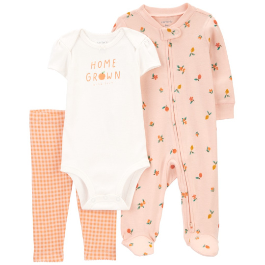 CARTER'S Set 3dílný overal, body kr. rukáv, legíny Pink Fruit/Floral holka 6m/vel. 68