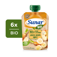 6x SUNAR BIO ovocná kapsička jablko, banán, mrkev 4m+, 100 g