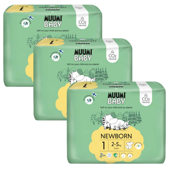 MUUMI Baby 1 Newborn 2-5 kg (75 ks), měsíční balení eko plen