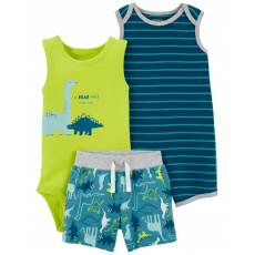 CARTER'S Set 3dílný overal letní kr. rukáv, body bez rukávů, kraťasy Stripes Dinos kluk 3m