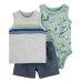 CARTER'S Set 3dílný body bez rukávů, tílko, kraťasy Grey Cars kluk 9m