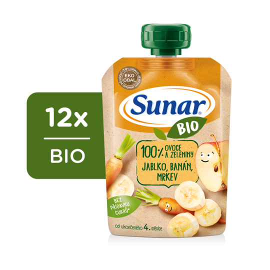 12x SUNAR BIO ovocná kapsička jablko, banán, mrkev 4m+, 100 g